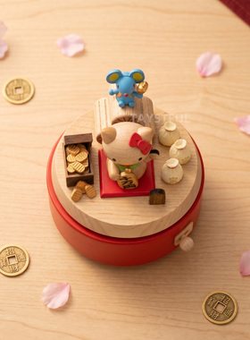 森活木趣HelloKitty招财猫旋转八音盒木质音乐盒女孩情人生日礼物