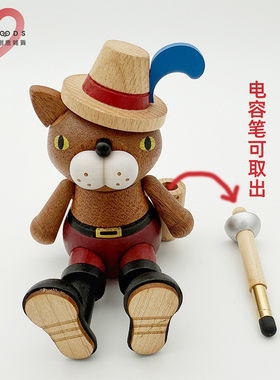 森活木趣木质手机支架木雕长靴猫动物卡通支架治愈系桌面节日摆件