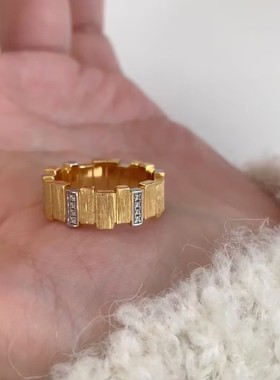 s925拉丝镶钻小金条戒指复古