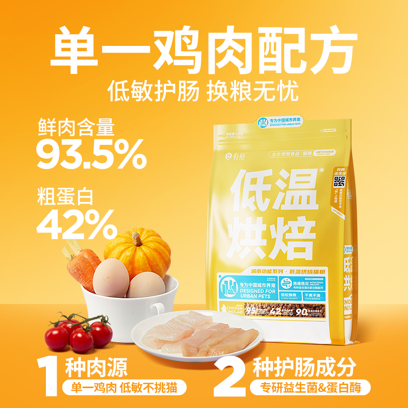 有鱼烘焙猫粮鲜肉无谷成猫粮幼猫增肥发腮营养0肉粉1.5kg全价低温