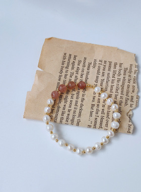 MoreSuitable天然淡水珍珠草莓晶手饰女百搭精致松紧线可调节手链