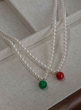 MoreSuitable红玛瑙施家品质珍珠项链轻奢百搭绿玛瑙锁骨链女颈链