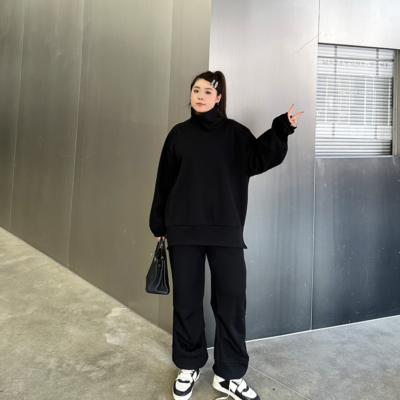 大码套装女冬季加绒加厚200斤胖mm高领卫衣+束脚运动裤宽松两件套 - 图1