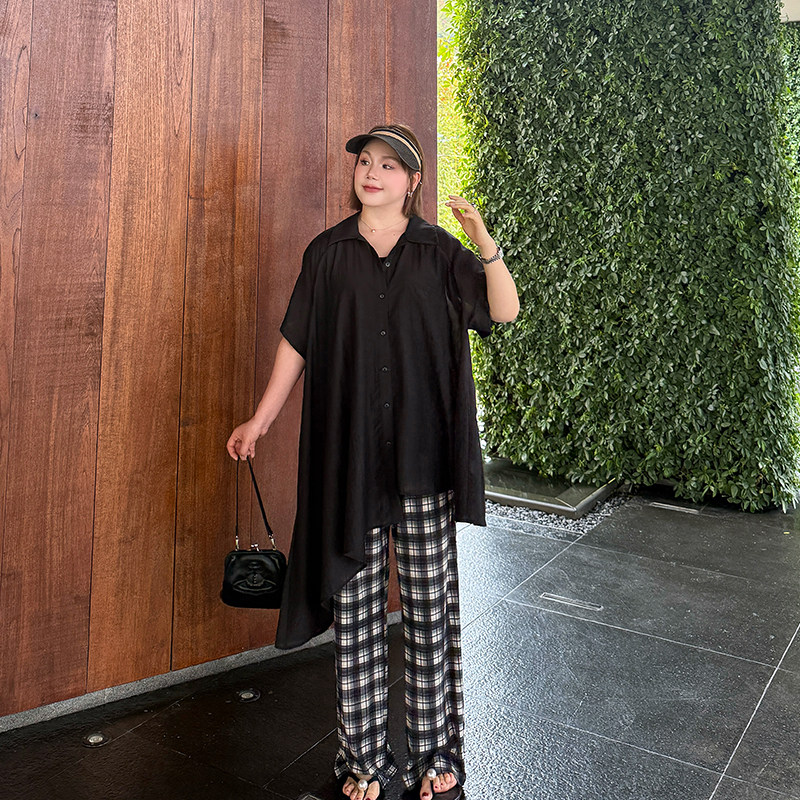 心存真大码女装格子阔腿裤胖mm宽松2025早秋新款宽松直筒拖地裤子,淘宝优惠券,粉丝福利购,淘宝优惠卷