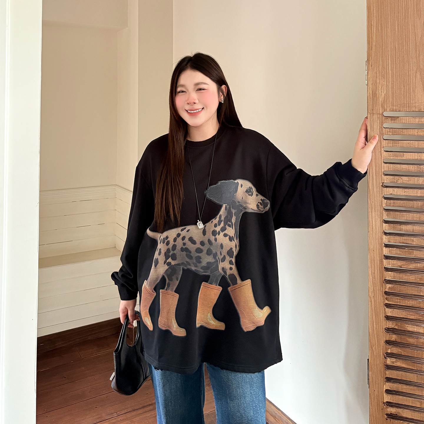 潮酷猛犬印花大码卫衣女2025秋新款胖mm宽松显瘦套头上衣加肥加大 - 图2