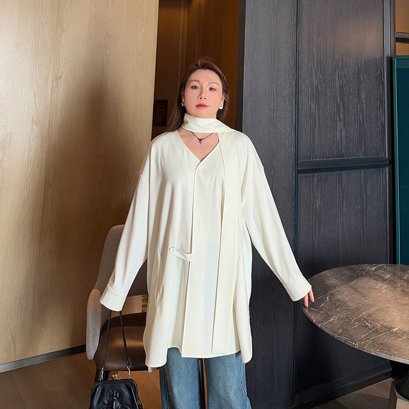 高级感大码女装衬衫2025春季新款胖妹妹mm宽松中长款优雅法式衬衣 - 图0