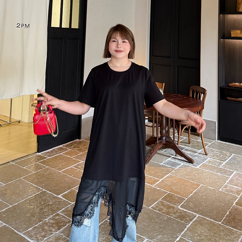 心存真冰瓷棉拼接t恤女夏季款特大码胖mm宽松显瘦中长款短袖上衣,淘宝优惠券,粉丝福利购,淘宝优惠卷