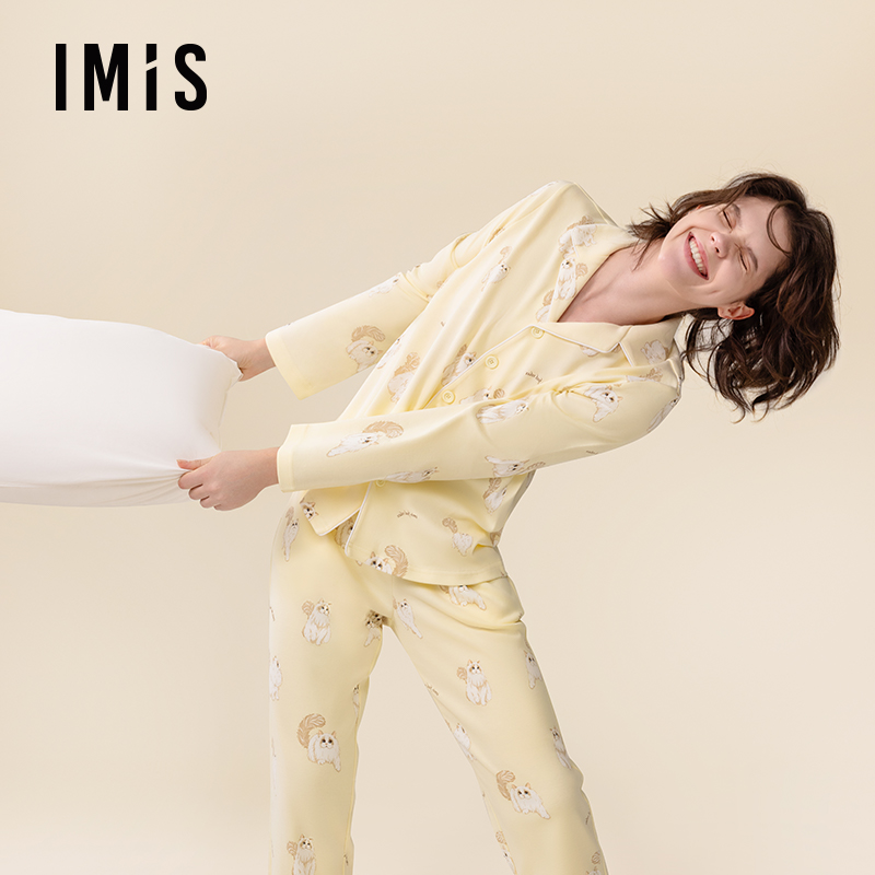 爱美丽安睡猫双面布3A抗菌睡衣女翻领秋冬新款长袖长裤家居服套装 - 图1