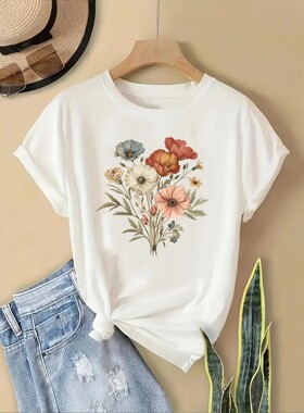 [Floral Fashion Tee] Breathable Polyester Women's Casual Fas