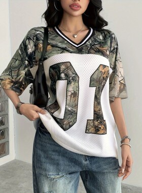 Summer Women's V-Neck Camouflage Letter Print Sport Quick-Dr