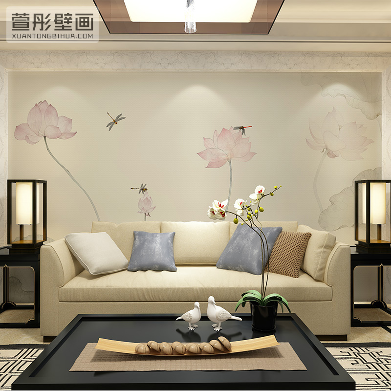 新中式禅意荷花墙布客厅电视墙纸卧室书房茶室定制民宿包间壁画 - 图0