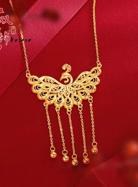 欧美跨境外贸沙金镂空孔雀开屏流苏时尚轻奢气质项链复古铜镀金