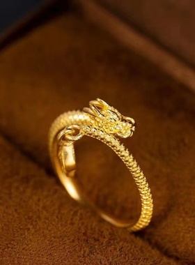出口欧美跨境外贸沙金饰品指环小众轻奢风复古神龙摆尾戒指情侣银