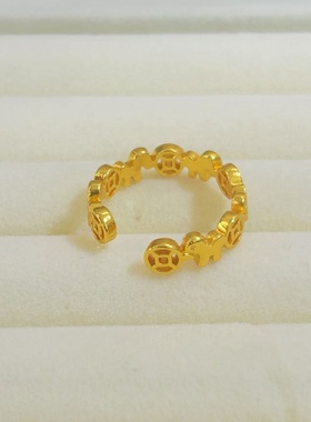 越南沙金饰品有钱暴富铜钱戒指新中式镂空设计开口可调节钱币指环