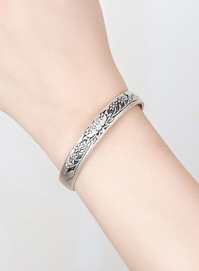 跨境外贸流行简约轻奢感银饰品亚光黑色荷花叶复古泰银手镯 女