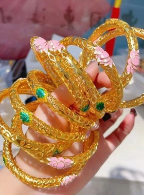 欧美跨境外贸越南沙金饰品珐琅镂空莲花手镯女国潮风荷叶莲花烤