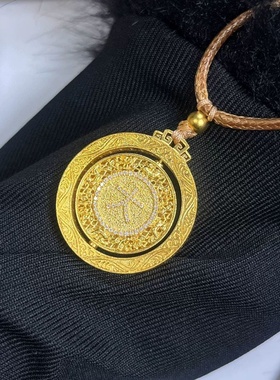 欧美跨境外贸沙金饰品大钱吊坠项链女一面大一面钱可转动项链手饰