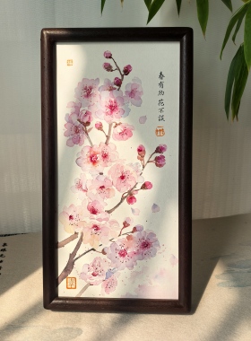 倚竹手绘梅花美人梅花卉国画摆台工位装饰画茶台茶桌禅意桌面摆件