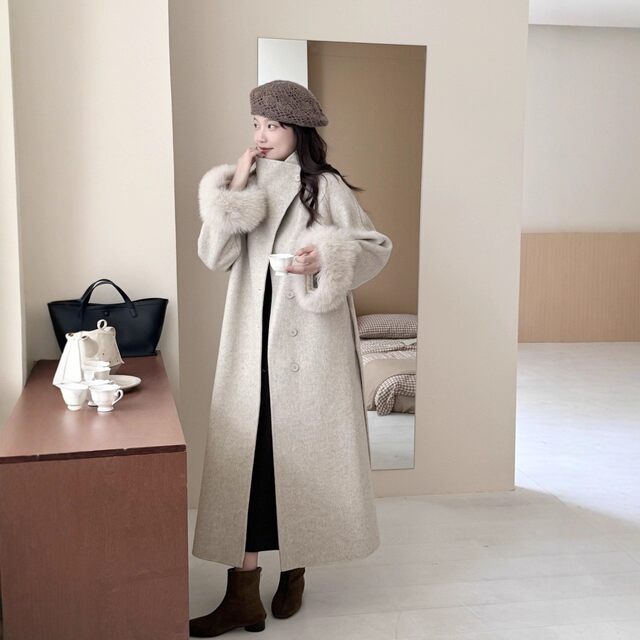 狐狸毛袖秋冬新款双面羊毛大衣长款腰带款 加厚保暖羊绒毛呢外套