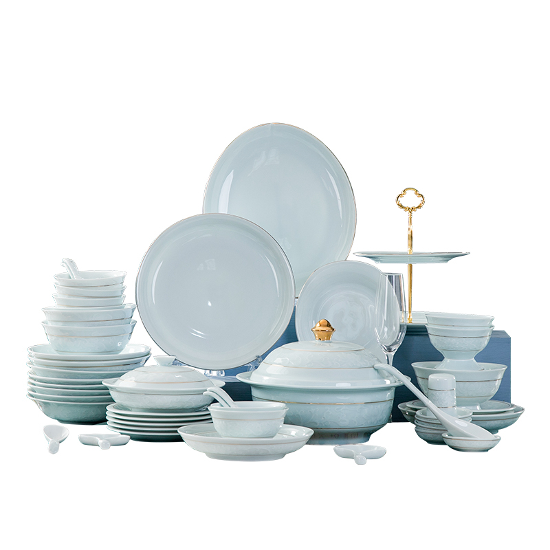 景德镇陶瓷饭碗碟套装家用单件中式高档轻奢金边极简纯色青瓷餐具
