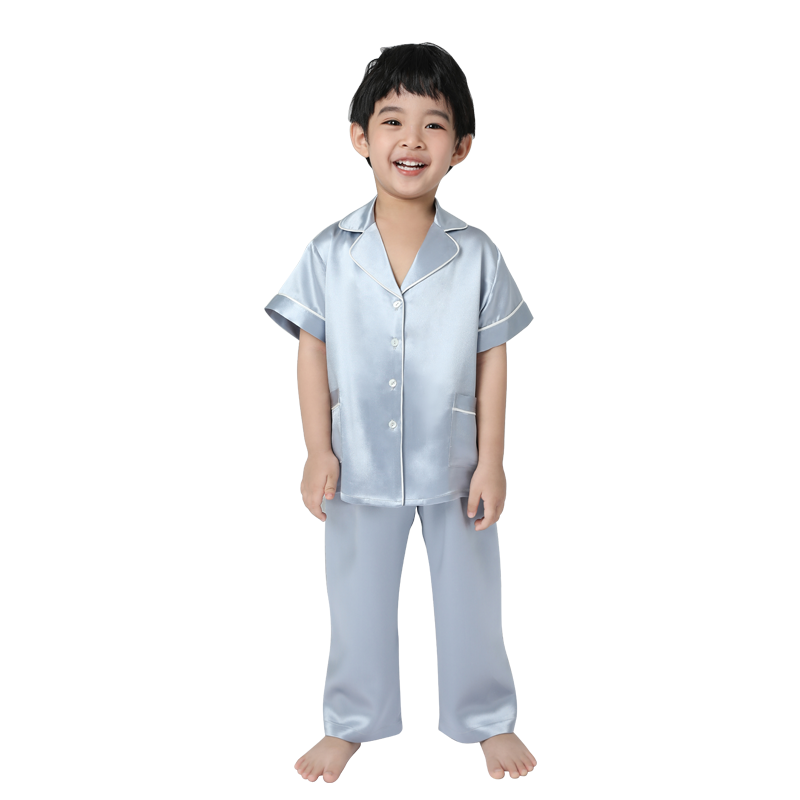 银桑100%桑蚕丝绸短袖长裤宝宝睡衣 银桑睡衣/家居服套装