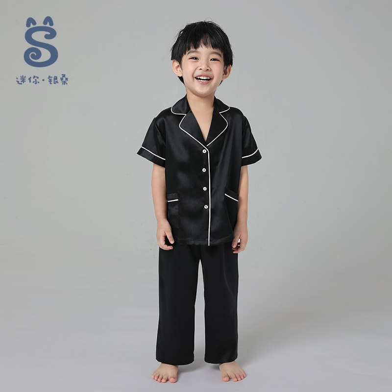 银桑100%桑蚕丝绸短袖长裤宝宝睡衣 银桑睡衣/家居服套装
