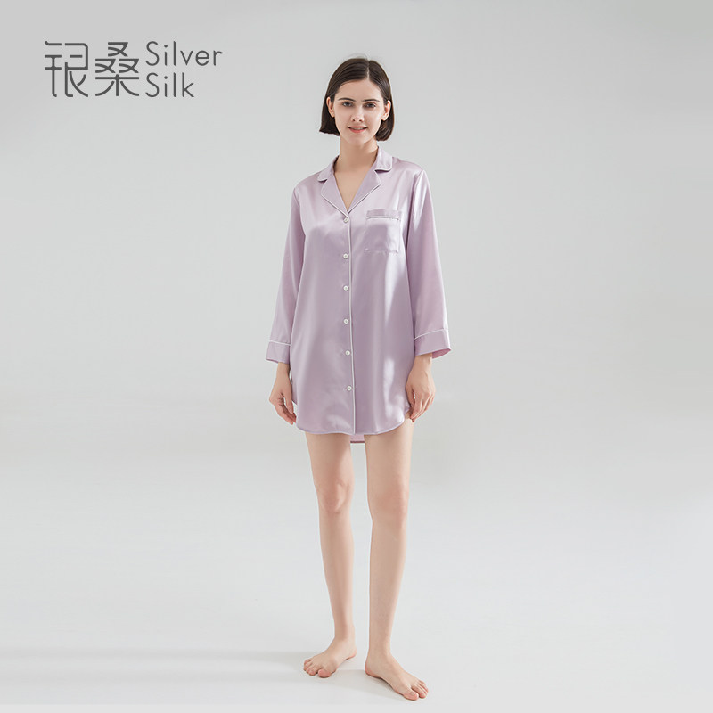 银桑100%桑蚕丝绸睡裙春秋冬衬衫 银桑睡裙