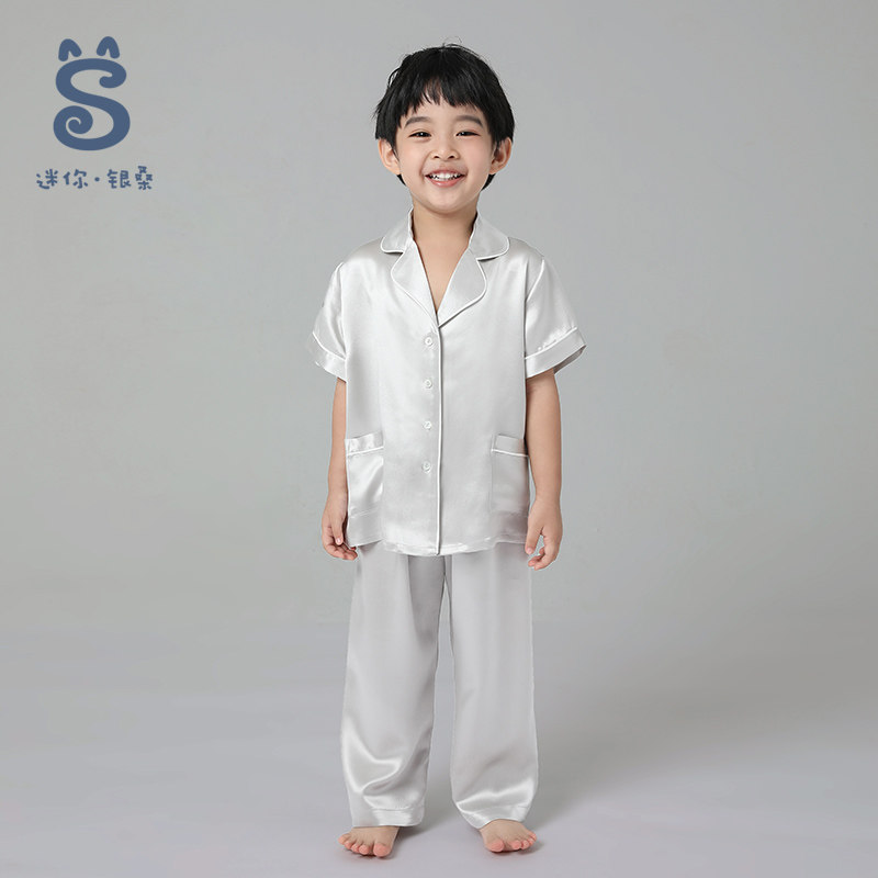 银桑100%桑蚕丝绸短袖长裤宝宝睡衣 银桑睡衣/家居服套装
