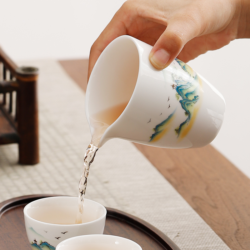 千里江山白瓷公道杯陶瓷分茶器功夫茶具侧把茶海鹰嘴公杯家用中式 - 图0