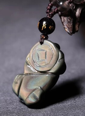 蓝眼黑曜石貔貅吊坠财运貔貅男女饰品招财皮丘挂件项链