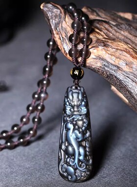 蓝眼冰种黑曜石貔貅吊坠霸王龙头貔貅项链招财皮丘男士项链