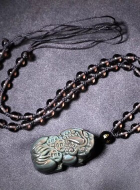 孤品彩虹蓝眼黑曜石貔貅吊坠招财霸王貔貅男士项链水晶饰品礼物