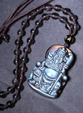 蓝眼孤品冰种黑曜石关公吊坠男士项链霸气关羽关二爷武财神挂坠