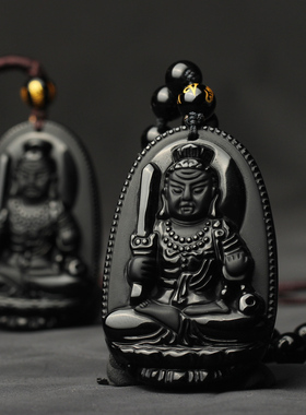 天然黑曜石不动明王吊坠生肖属鸡本命佛不动尊菩萨项链男女礼物