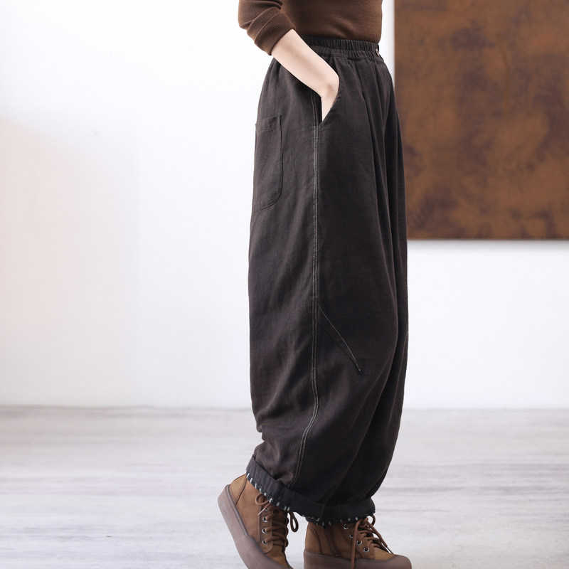 绿素棉 复古怀旧加厚棉麻棉裤~里衬条纹 宽松收褶保暖哈伦裤冬装,淘宝优惠券,粉丝福利购,淘宝优惠卷