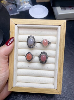 天然玛瑙月光石虎眼石戒指，复古铜托，开口圈。