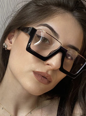 方形半框平光镜个性防蓝光潮流网红ins大框眼镜框时尚眼镜架女士