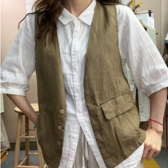 春夏季宽松纯亚麻休闲气质百搭马甲口袋纽扣开衫坎肩68139