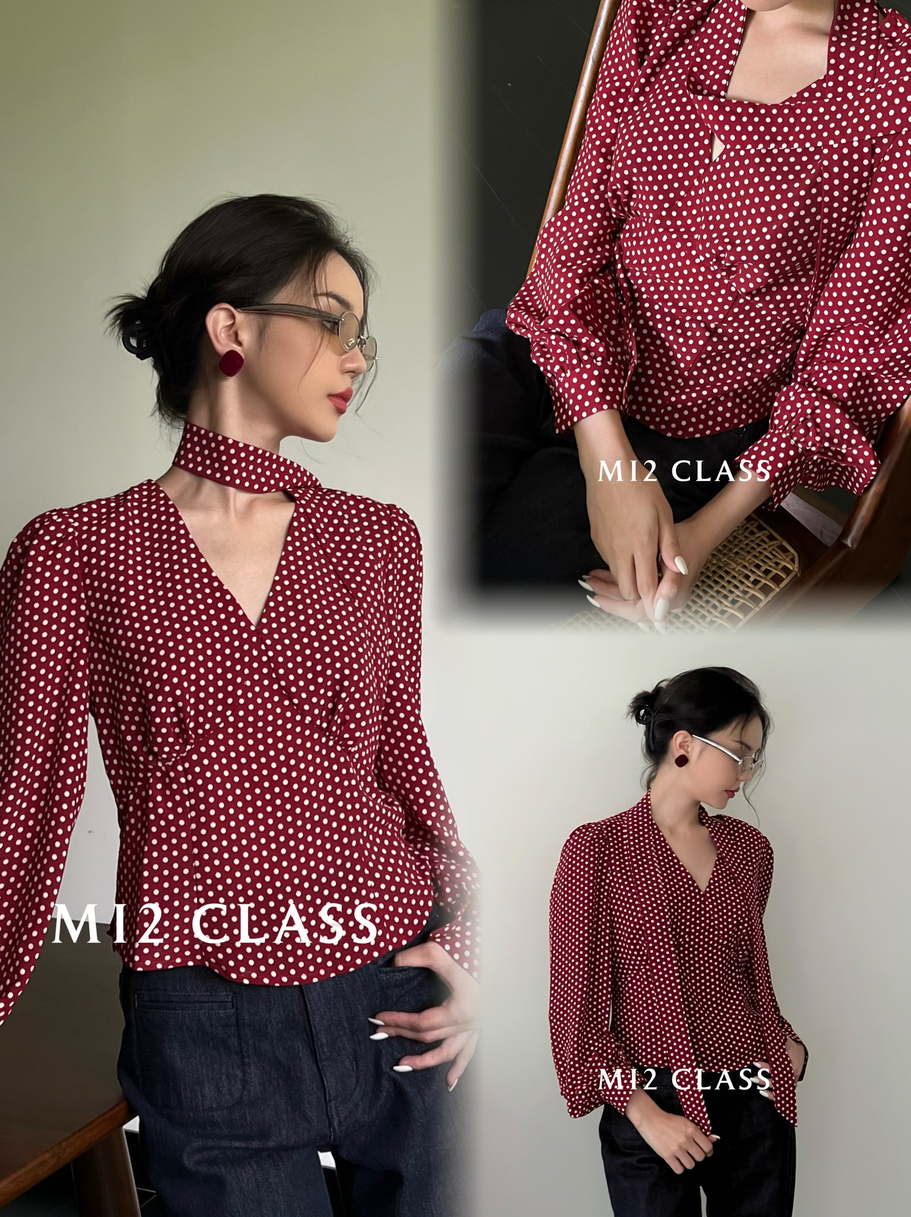 【现货】欧货25秋法式V领挂脖衬衫复古波点飘带衬衫百搭显瘦上衣