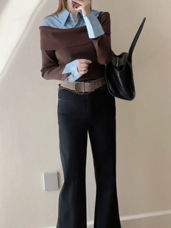 【现货】欧货25秋新衬衫法式假两件撞色设计感减龄百搭针织上衣女