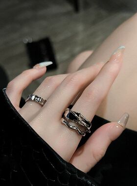 几何冷淡风ins黑水晶戒指小众感