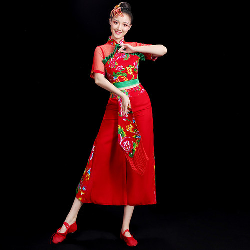 秧歌服演出服女2026新款手绢短袖胶州东北大花布衣服套装舞蹈服装 - 图2