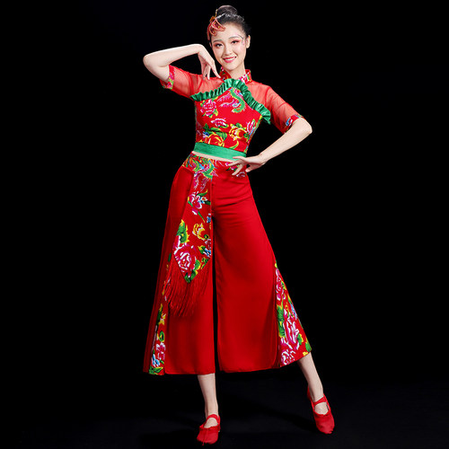 秧歌服演出服女2026新款手绢短袖胶州东北大花布衣服套装舞蹈服装 - 图0