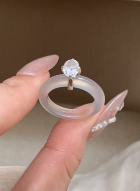 s925纯银新中式素圈清透玉髓石素圆指女国风气质指环食指戒指