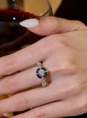 轻奢克莱茵蓝高碳指纯银s925小众设计感时尚百搭精致指环