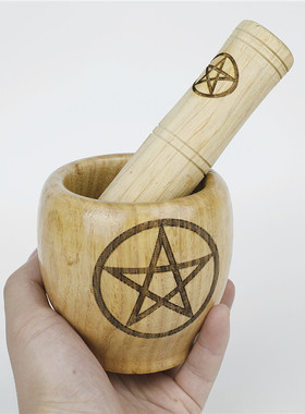 新中式家居装饰品 原木色摆件捣药器罐刻五芒星三相女神图案