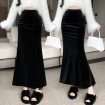 Gold Velvet Half Body Dress Woman 2023 Fall New Korean version Hip Skirt Pendant sensation High waist Slim Black Fish Tail Dress