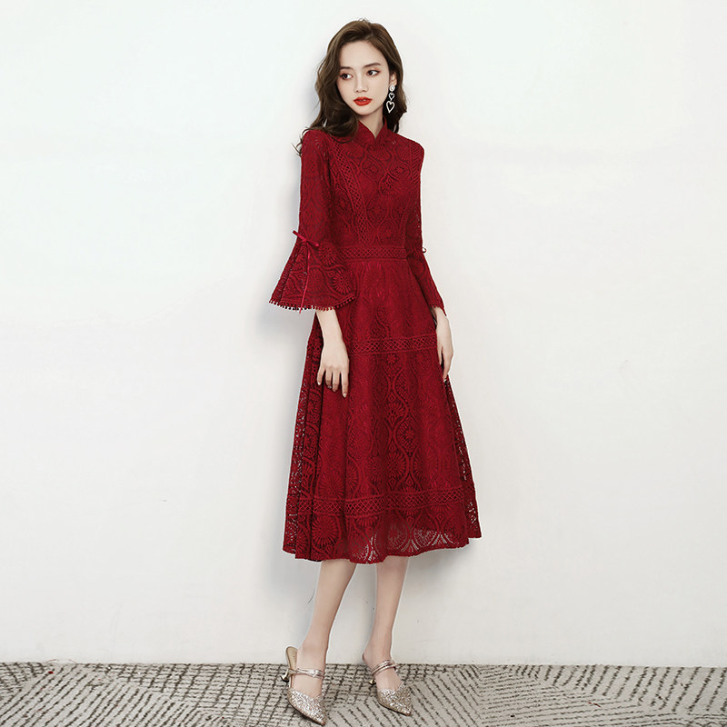 新娘平时可穿酒红色结婚回门连衣裙 森度凡礼服/晚装