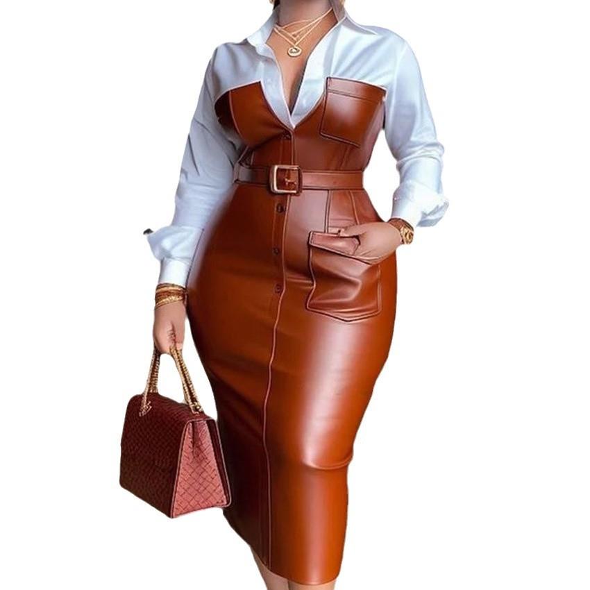 亚马逊跨境欧美新款气质通勤pu皮腰带拼接撞色女装衬衣长袖连衣裙 - 图3