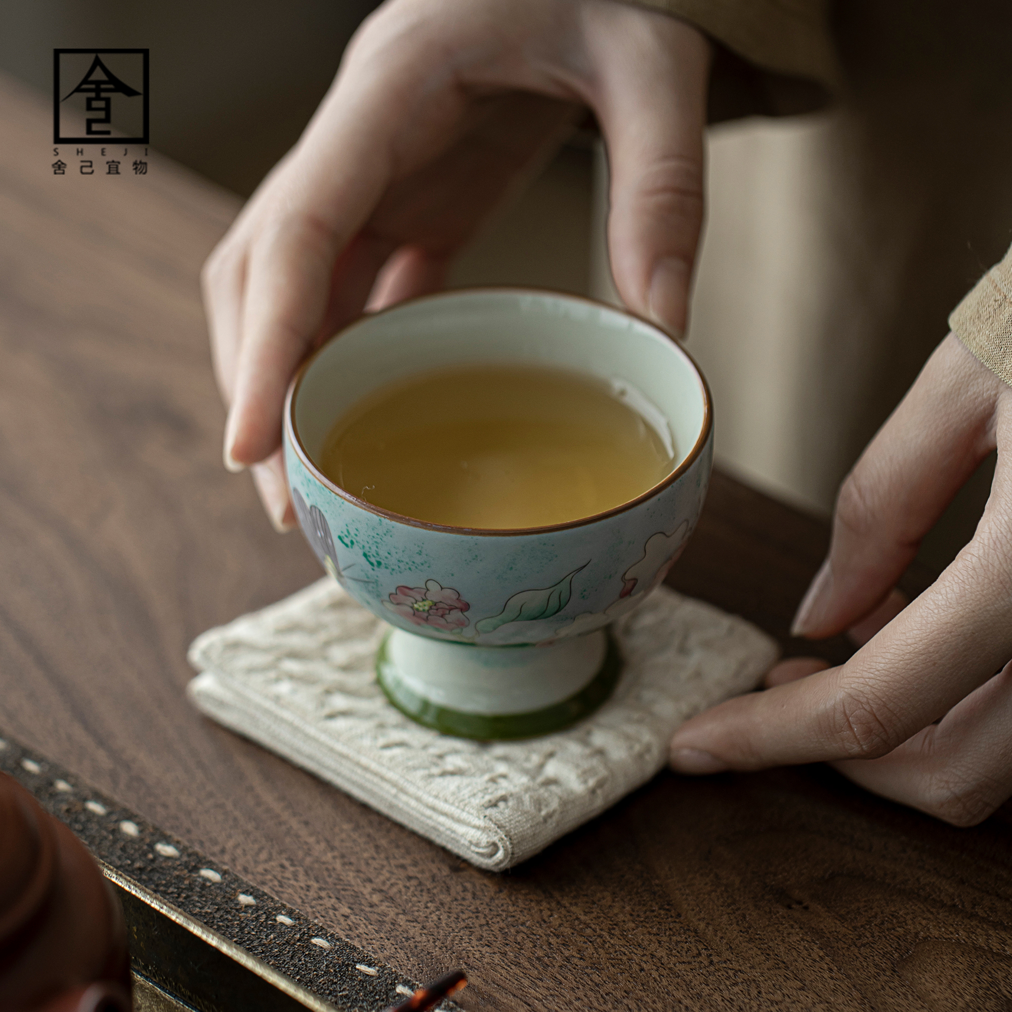 弥言釉上彩手绘主人杯仿宋高足茶杯大号家用品茗杯单个功夫茶具